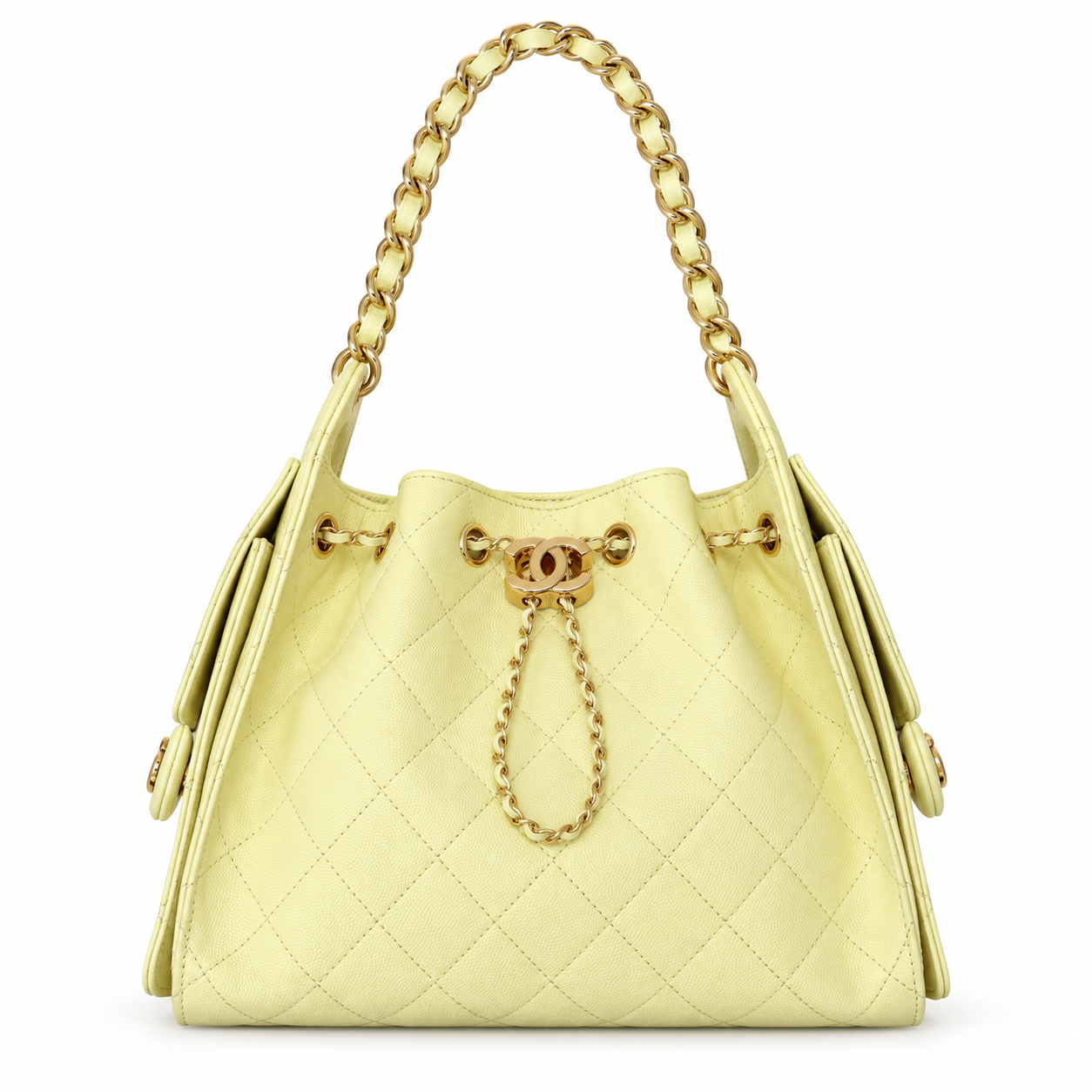 Chanel light yellow caviar quilted bucket bag with gold-tone chain