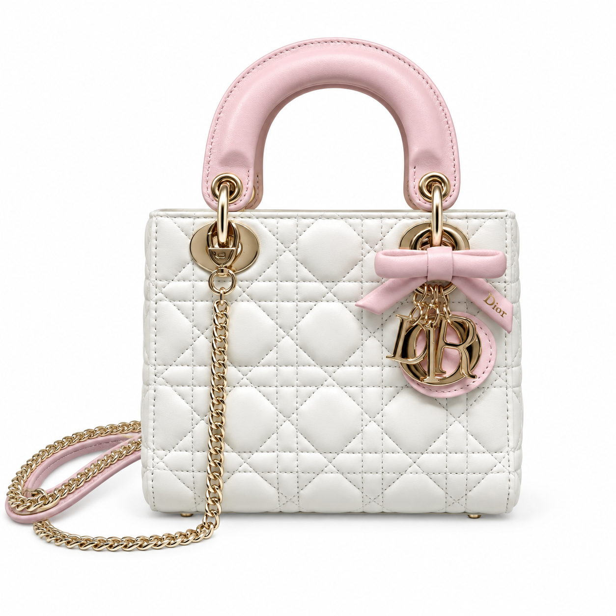 Dior Mini Lady Dior Bag with Chain pink and white cannage lambskin