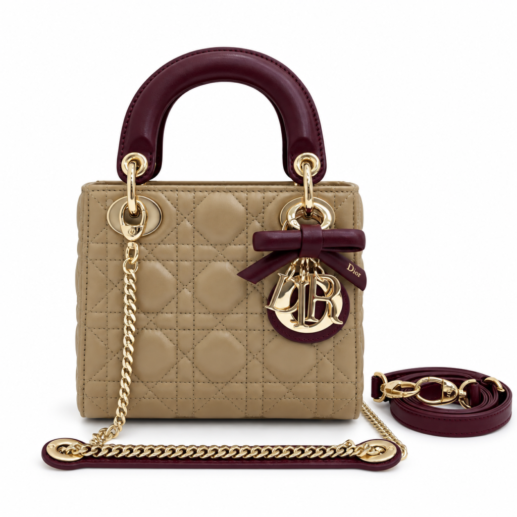 Dior Mini Lady Dior Bag khaki and burgundy cannage lambskin