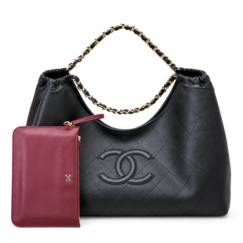 Chanel Maxi Hobo Bag black quilted calfskin with burgundy pouch