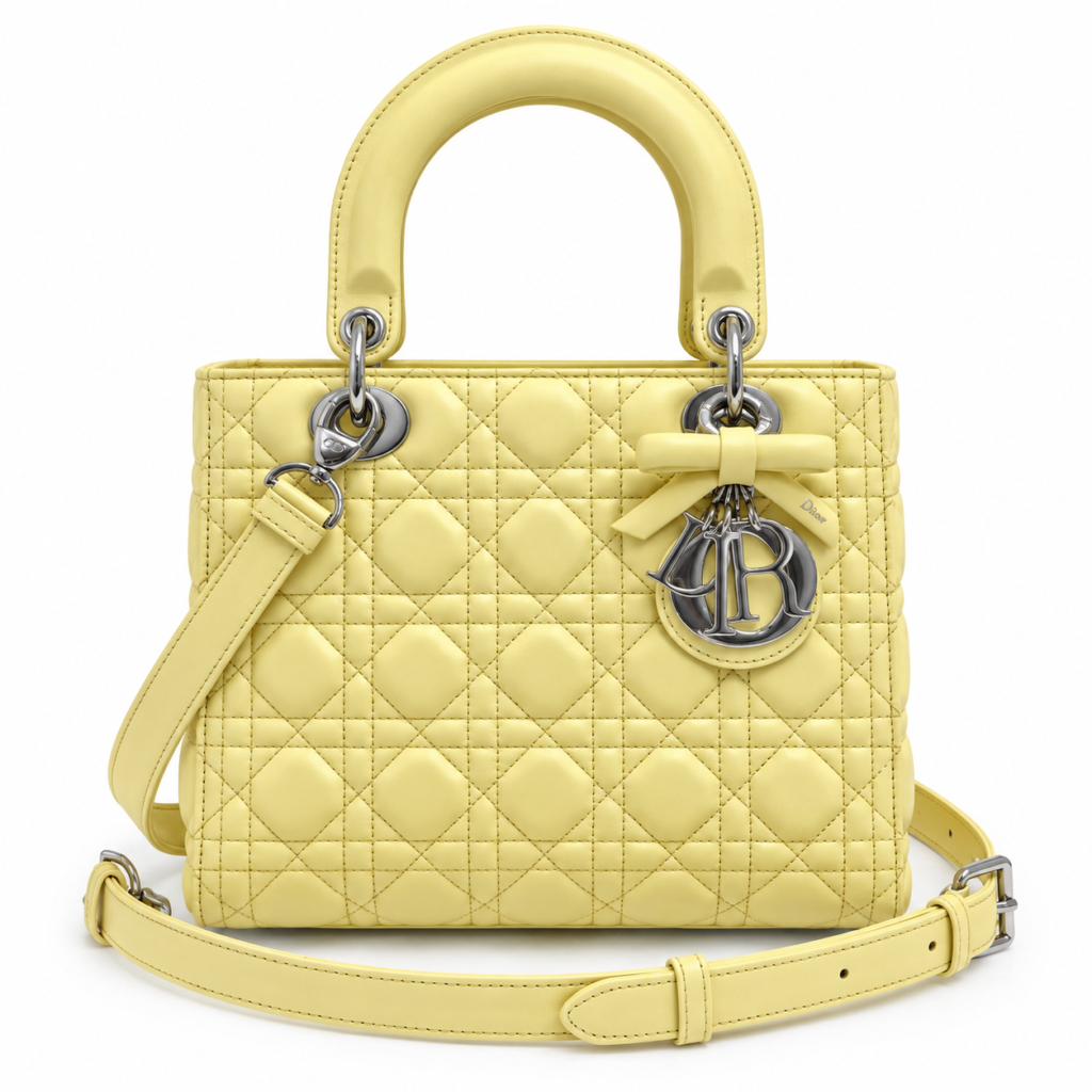 Dior Medium Lady Dior Bag pale yellow cannage lambskin silver hardware