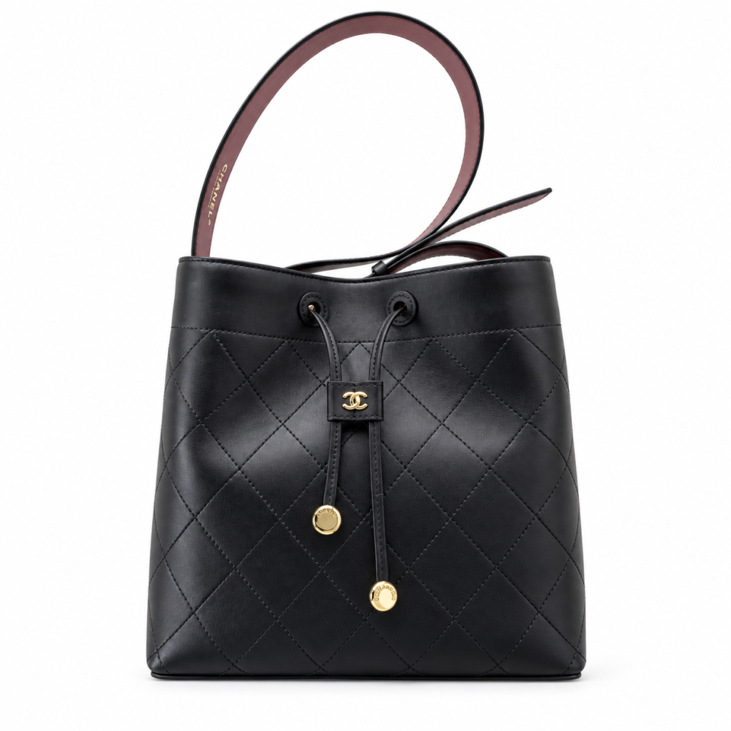 Chanel Large Drawstring Bag black quilted calfskin with gold CC