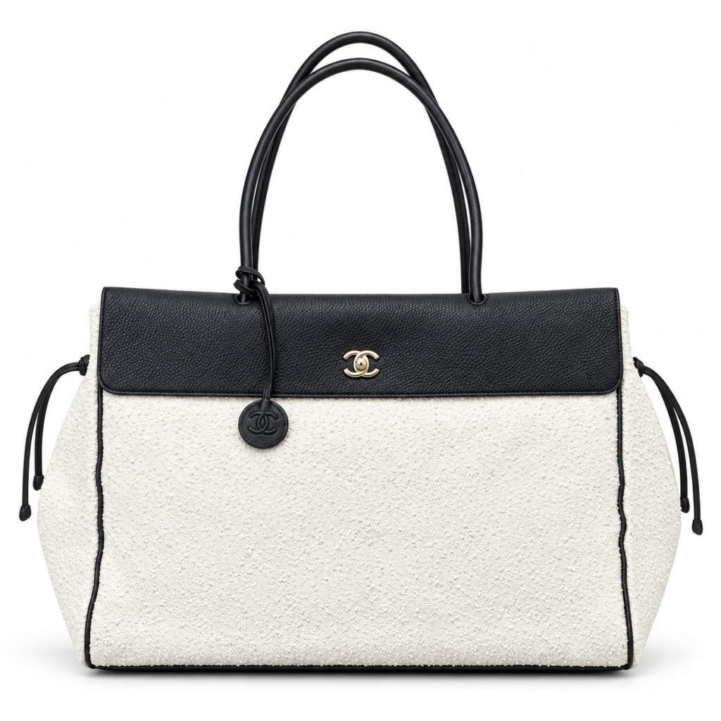 Chanel Large Shopping Bag white tweed with black calfskin trim