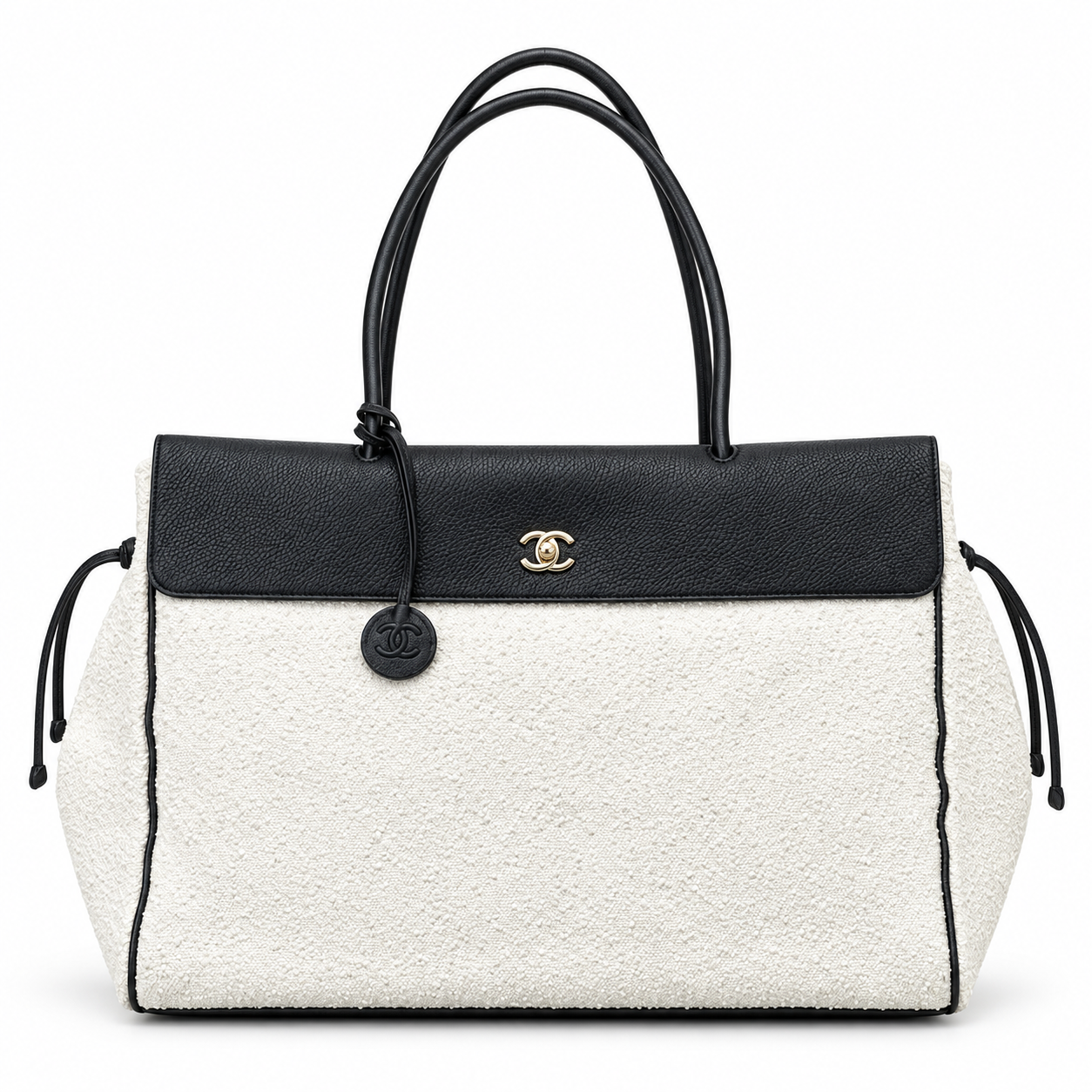 Chanel Large Shopping Bag white tweed with black calfskin trim