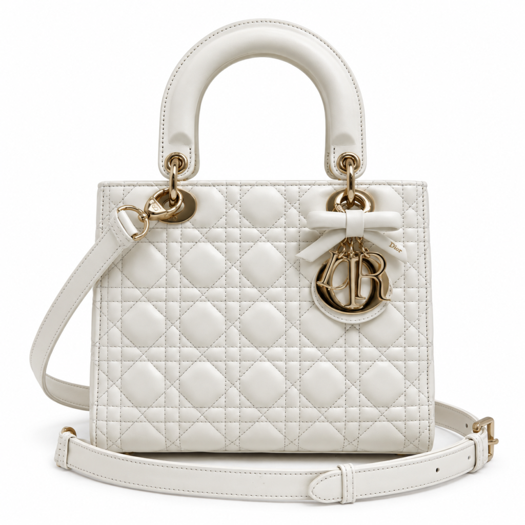 Dior Medium Lady Dior Bag latte cannage lambskin with gold charms