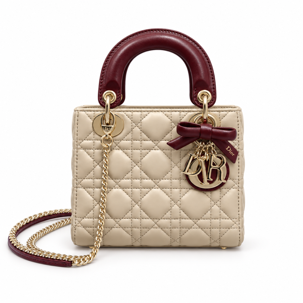 Dior Mini Lady Dior Bag with Chain two-tone latte and burgundy