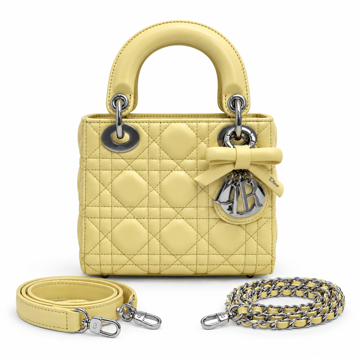 Dior Mini Lady Dior Bag pale yellow cannage lambskin silver hardware