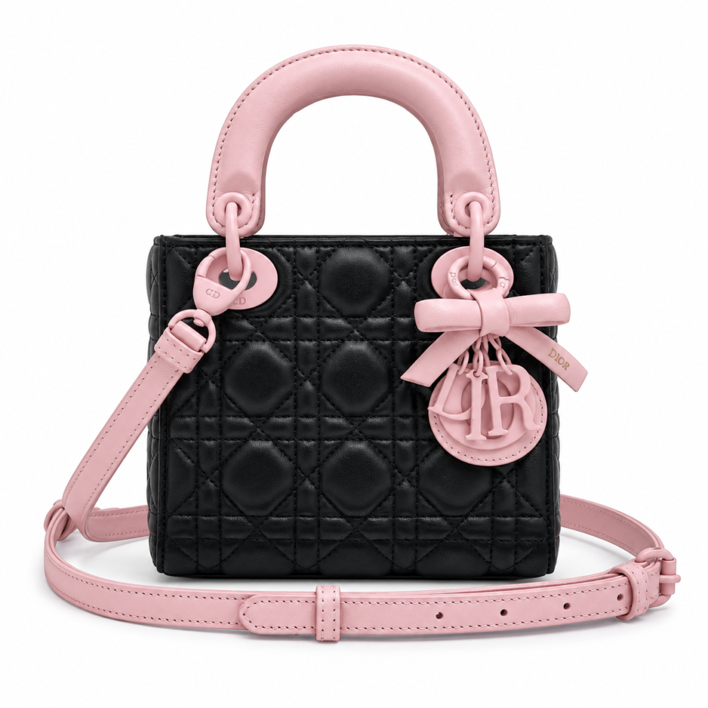 Dior Small Lady Dior Bag black cannage lambskin with pink enamel hardware