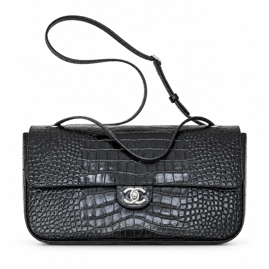 Chanel black crocodile embossed calfskin flap bag with silver hardware