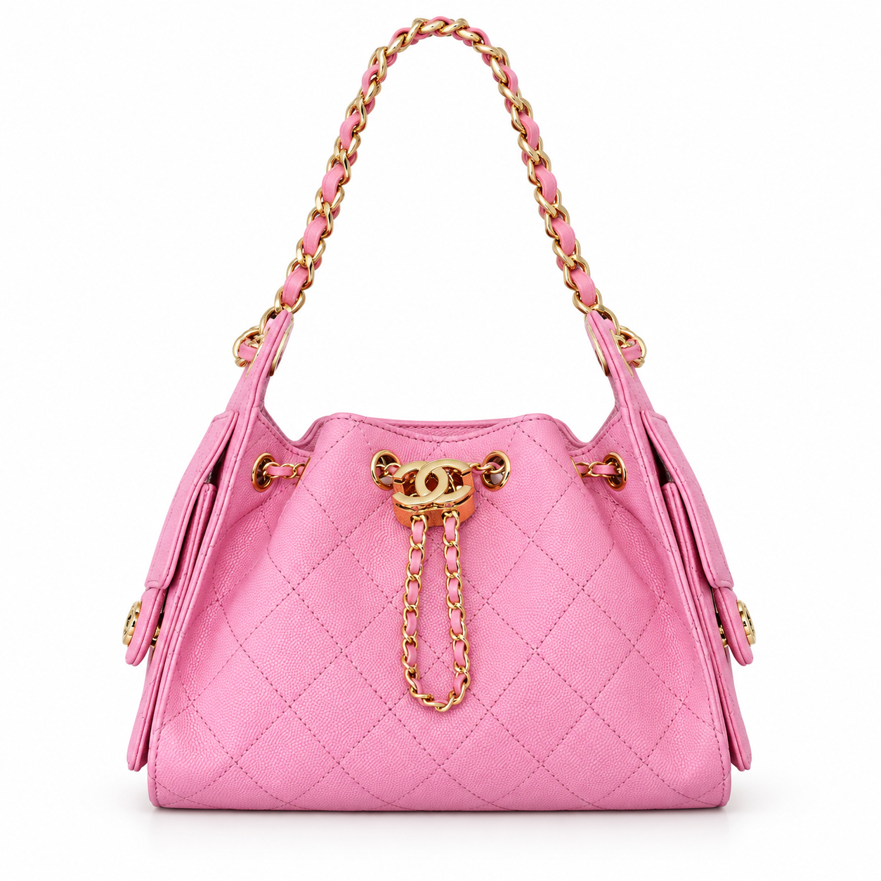 Chanel pink caviar quilted bucket bag with gold-tone chain