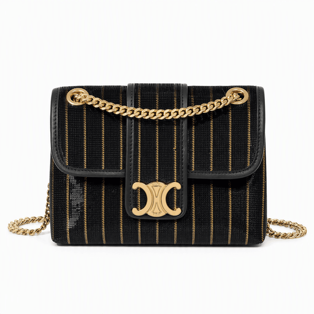 Celine Mini Chain Claude in black and gold striped textile with gold-finish Triomphe snap button