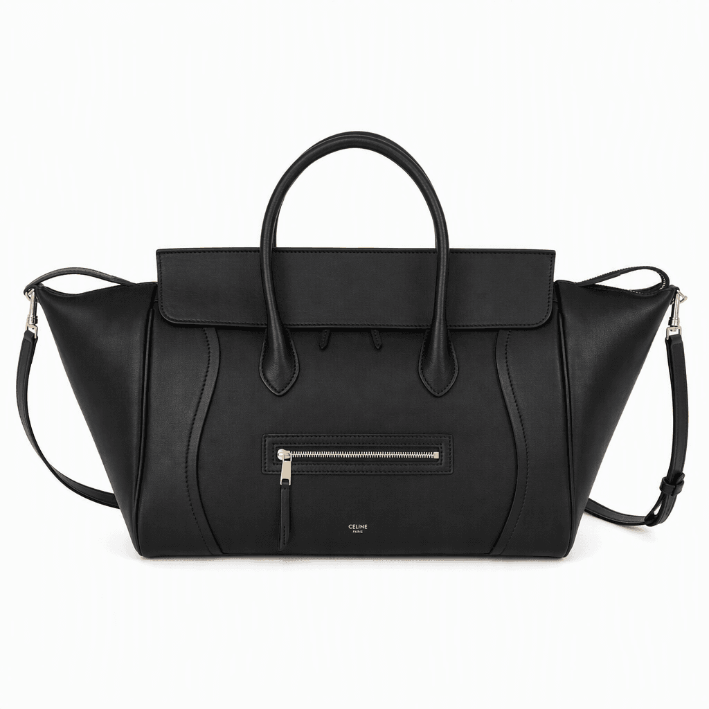 Celine Medium New Luggage handbag in black supple shiny lambskin with gold-finish hardware