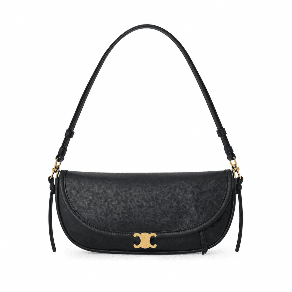 Celine Little Halfmoon Soft Triomphe in black supple shiny lambskin with gold-finish hardware