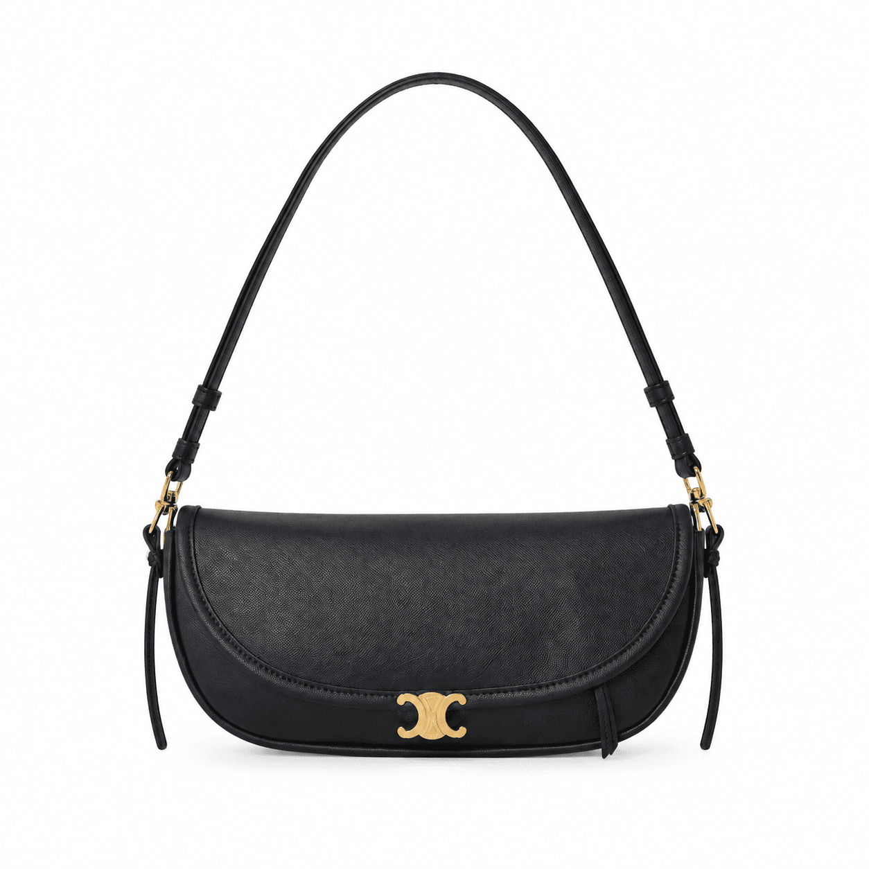 Celine Little Halfmoon Soft Triomphe in black supple shiny lambskin with gold-finish hardware