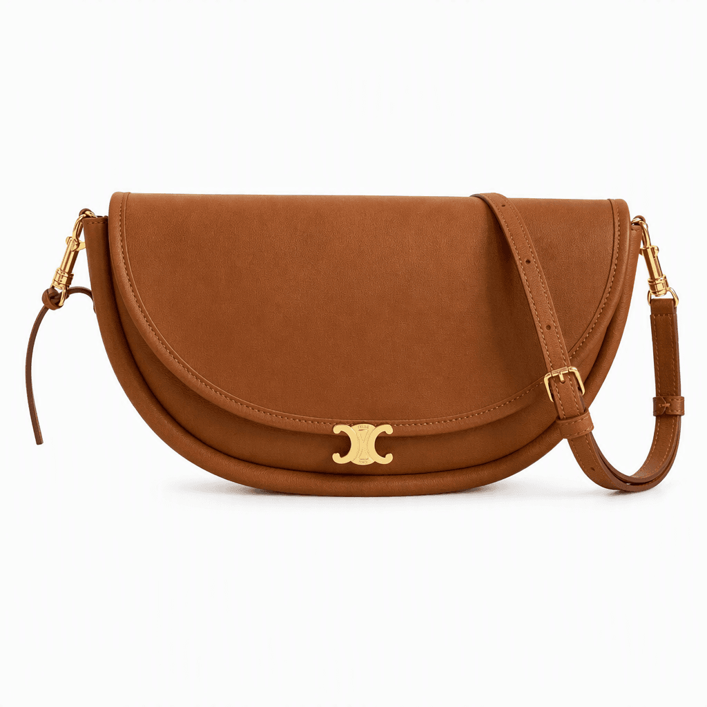 Celine Little Halfmoon Soft Triomphe in tan supple shiny lambskin with gold-finish hardware