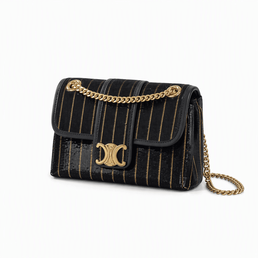 Celine Mini Chain Claude in Black and Gold Striped Textile - Image 2