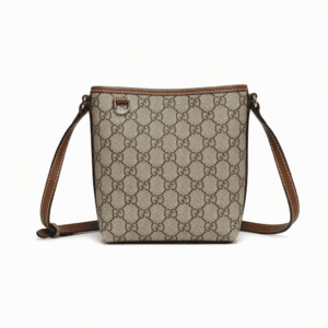 Gucci GG Emblem Mini Bucket Bag in beige and dark brown GG canvas with light gold-tone hardware