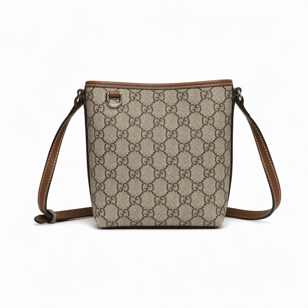 Gucci GG Emblem Mini Bucket Bag in beige and dark brown GG canvas with light gold-tone hardware
