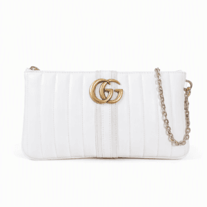 Gucci GG Marmont Pouch with Strap in white matelassé nappa leather with a brushed gold-tone Double G logo